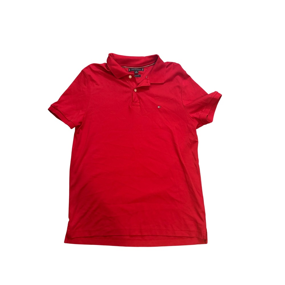 Tommy Hilfiger Mens Large Red Polo Shirt Regular Fit Flag Logo Short Sleeve